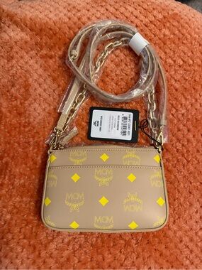MCM Beige Crossbody with Yellow Logo Diamonds and Gold Chain